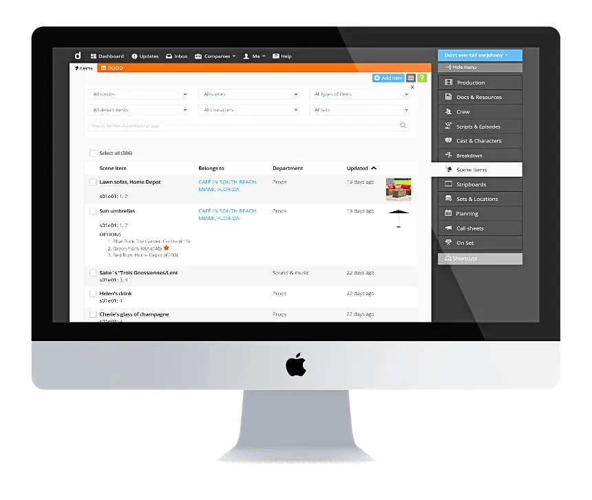 Scene items / Scene elements smart management for video. TV, broadcasting, drama, film, entertainment, sports, music. documentaries, commercials, corporate video, social media video